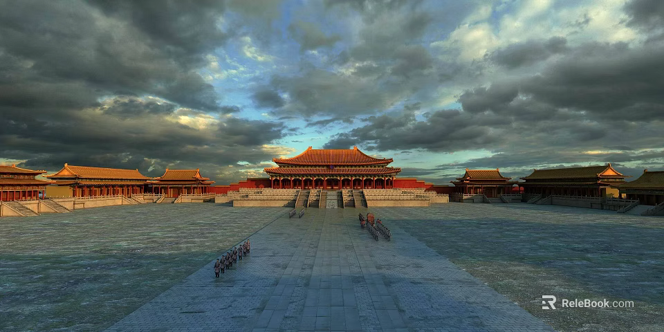 Ancient Chinese Imperial Architecture With Golden Roofs Palace Buildings And Spacious Square Under Cloudy Sky 3d model 