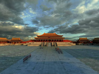 Ancient Chinese Imperial Architecture With Golden Roofs Palace Buildings And Spacious Square Under Cloudy Sky 3d model