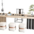 Modern Light Wooden Tea Table With White Padded Stools And Tea Sets Decor 3d model