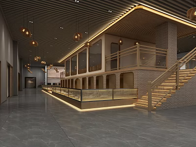 Spacious Modern Interior Space With Wooden Ceiling Pendant Lights Glass Railings Staircase And Marble Floor 3d model