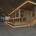 Spacious Modern Interior Space With Wooden Ceiling Pendant Lights Glass Railings Staircase And Marble Floor
