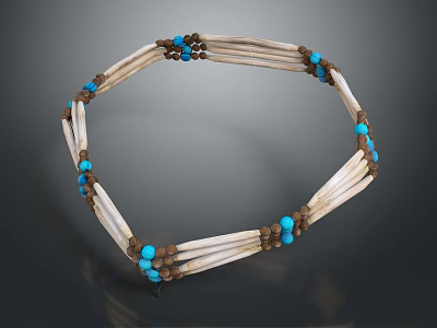 Handcrafted Bone Strips Necklace With Turquoise And Brown Beads Circular Design 3d model