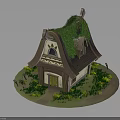 Enchanted Wooden Cottage With Moss Covered Sloped Roof Yellow Door And Surrounding Greenery