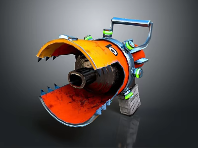 Mechanical Weapon With Orange Yellow Blades Sharp Edges Green Lights And Blue Handle 3d model