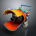 Mechanical Weapon With Orange Yellow Blades Sharp Edges Green Lights And Blue Handle