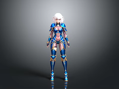 3D Rendered Female Warrior With Blue And Gold Armor And White Hair 3d model