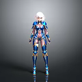3D Rendered Female Warrior With Blue And Gold Armor And White Hair