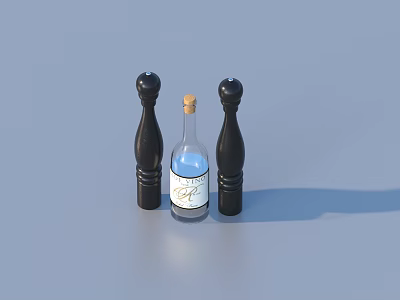 Wooden Black Pepper Mills And Blue Glass Bottle With Cork Label 3d model