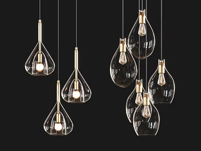 Modern Transparent Glass Chandeliers with Teardrop Design Metal Frames and Illuminated Bulbs Against Black Background 3d model