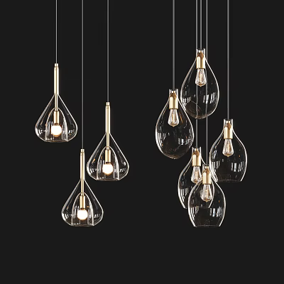 Modern Transparent Glass Chandeliers with Teardrop Design Metal Frames and Illuminated Bulbs Against Black Background 3d model