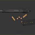 Black Modern Pistol With Shiny Bullets And Magazine On Reflective Surface