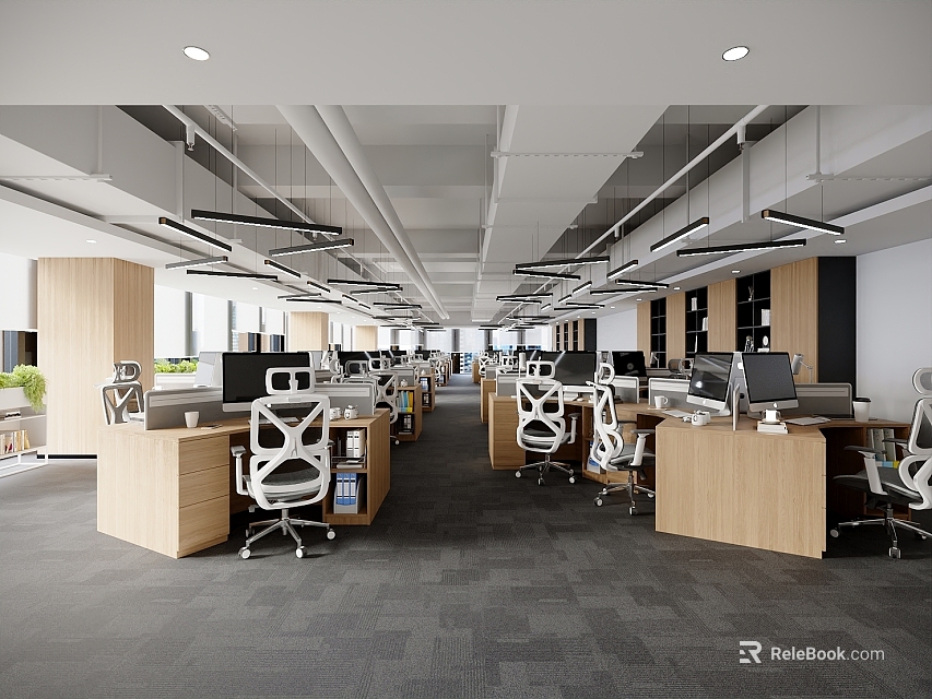 Modern Public Office Space With Ergonomic Chairs Wooden Desks Computers And Pendant Lights 3d model 