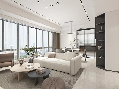 Modern Living and Dining Room Interior With White Sofa Coffee Table Large Windows And Plants 3d model