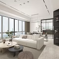 Modern Living and Dining Room Interior With White Sofa Coffee Table Large Windows And Plants