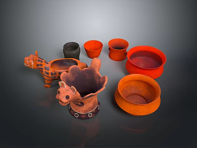 Handcrafted Carved Pottery Sculptures With Animal Shapes Orange Black Bowls And Cups 3d model