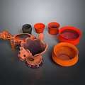 Handcrafted Carved Pottery Sculptures With Animal Shapes Orange Black Bowls And Cups