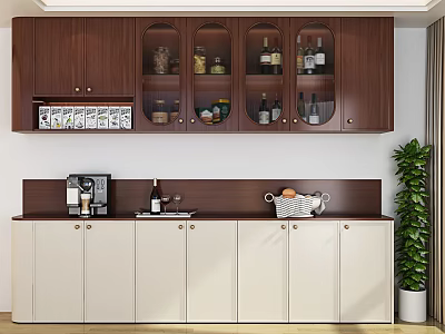 Dining Storage Cabinet with Dark Wooden Upper Glass Doors Light Colored Base and Coffee Machine 3d model