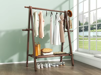 Wooden Clothes Rack With Clothes Bags And Shoes By Window 3d model