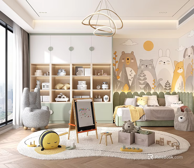 Cheerful Kids Room Interior Design With Animal Murals Green Cabinets Bookshelves And Stuffed Toys 3d model 
