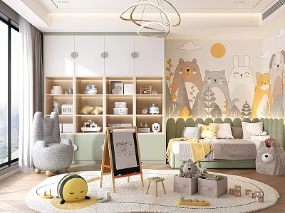 Cheerful Kids Room Interior Design With Animal Murals Green Cabinets Bookshelves And Stuffed Toys 3d model