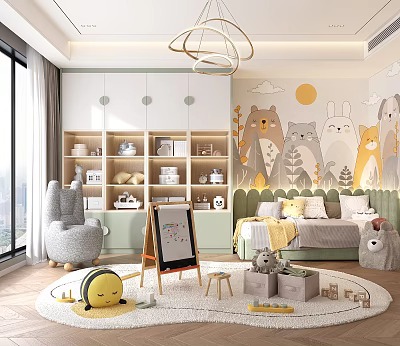 Cheerful Kids Room Interior Design With Animal Murals Green Cabinets Bookshelves And Stuffed Toys 3d model