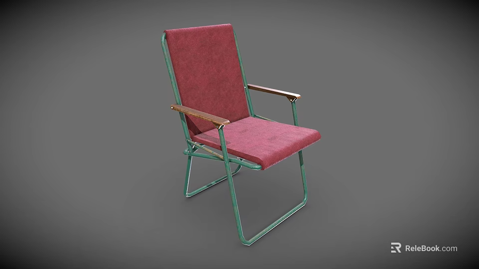 Leisure Chair With Red Cushion Backrest Wooden Armrests And Metal Frame 3d model 