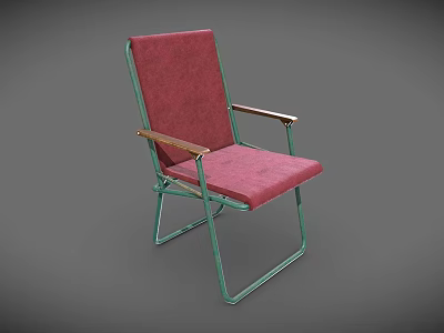 Leisure Chair With Red Cushion Backrest Wooden Armrests And Metal Frame 3d model