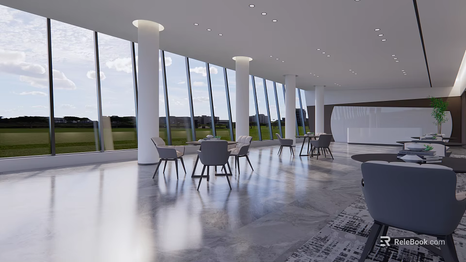 Modern Casual Lounge Area With Large Windows White Pillars Grass Field View And Gray Chairs 3d model 