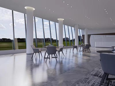 Modern Casual Lounge Area With Large Windows White Pillars Grass Field View And Gray Chairs 3d model
