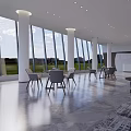 Modern Casual Lounge Area With Large Windows White Pillars Grass Field View And Gray Chairs