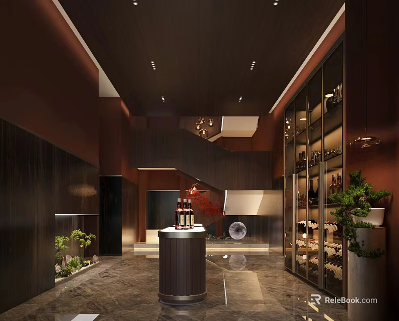 Luxurious Interior Design With Dark Wooden Walls Glass Wine Cabinets Marble Flooring And Staircase 3d model 