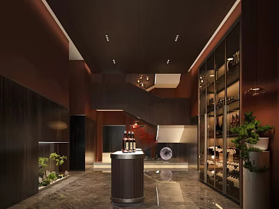 Luxurious Interior Design With Dark Wooden Walls Glass Wine Cabinets Marble Flooring And Staircase 3d model