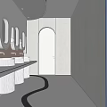 Clean Modern Public Restroom Interior With Blue Arched Stalls And Corridor Lighting 3d model