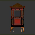 Traditional Chinese Red And Black Wooden Sedan Chair With Brown Roof And Carved Decorations