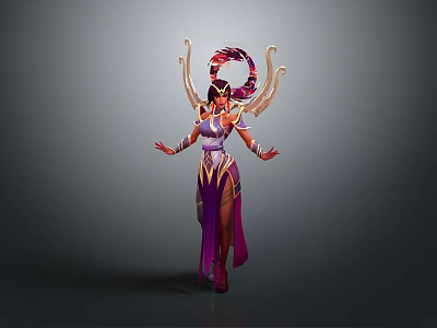 Elegant Woman In Purple Outfit With Golden Decorations Flowing Ribbons And Ornate Headdress 3d model