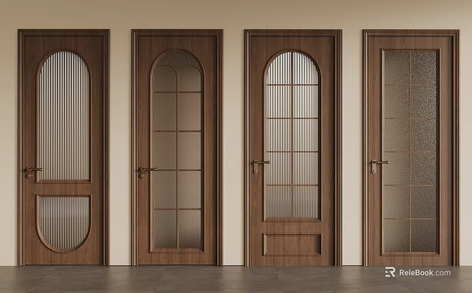 Interior Wooden Doors With Different Glass Patterns Arch Grid And Ribbed Designs 3d model 