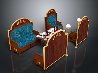 Vintage Wooden Carved Furniture Set With Blue Cushion Sofa Chairs And Table 3d model