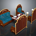 Vintage Wooden Carved Furniture Set With Blue Cushion Sofa Chairs And Table