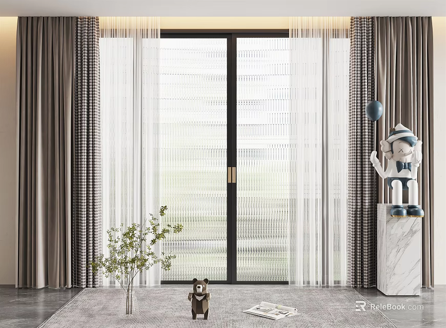 Brown Curtains With White Sheer Panels By Sliding Door In Modern Interior With Potted Plant And Decorative Statue 3d model 