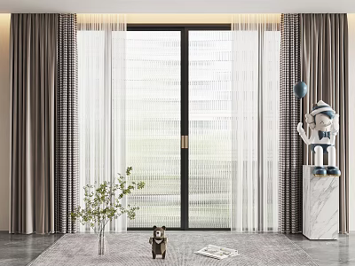 Brown Curtains With White Sheer Panels By Sliding Door In Modern Interior With Potted Plant And Decorative Statue 3d model