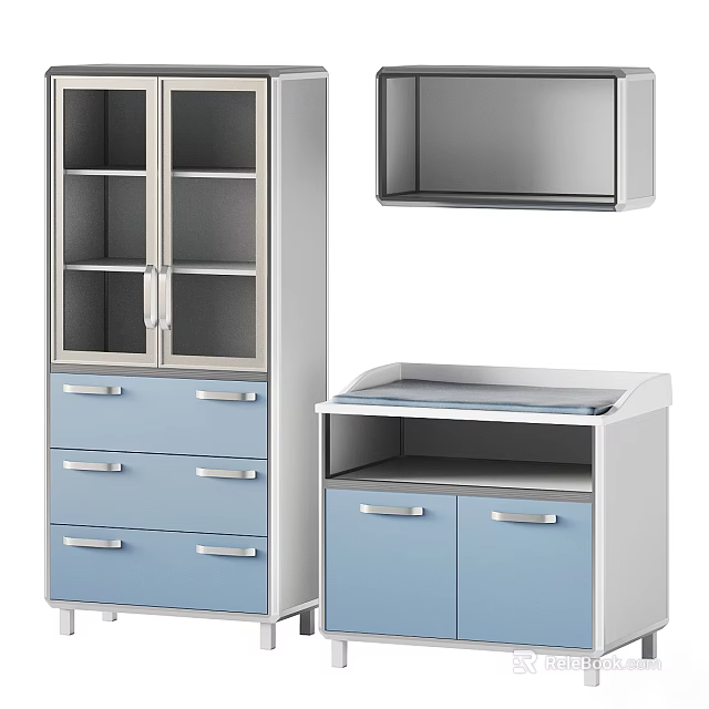 Blue Gray Decorative Cabinet With Glass Doors Drawers And Low Cabinet Countertop 3d model 