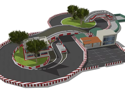 3D Model Karting Track Featuring Curved Paths Striped Barriers Trees And Small Building 3d model