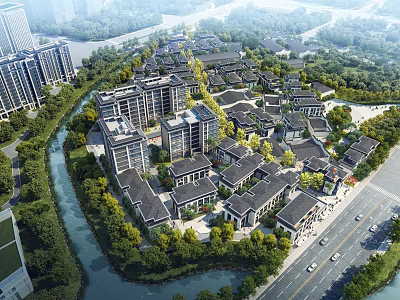 Aerial Planning of Modern Residential Community With River Greenery and Roads 3d model