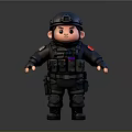 3D Cartoon Police Character Wearing Black Tactical Uniform With Helmet And Gear