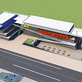 Modern Exhibition Center Architecture Featuring Blue Roof Red Signage and Geometric Glass Plaza