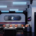 Modern KTV Interior With Neon Lights Round Screen Sofas And Bar Counter Lighting Effects