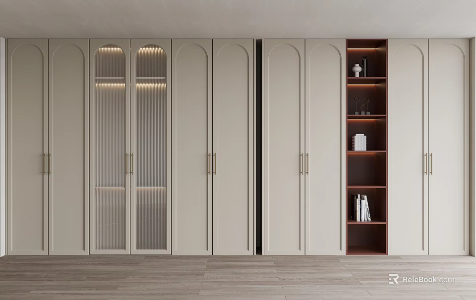 Modern Beige Bookcase With Glass Doors Golden Handles Built In Design Featuring Books And Decor 3d model 
