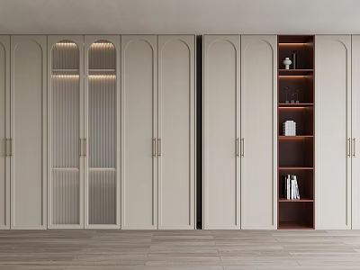 Modern Beige Bookcase With Glass Doors Golden Handles Built In Design Featuring Books And Decor 3d model