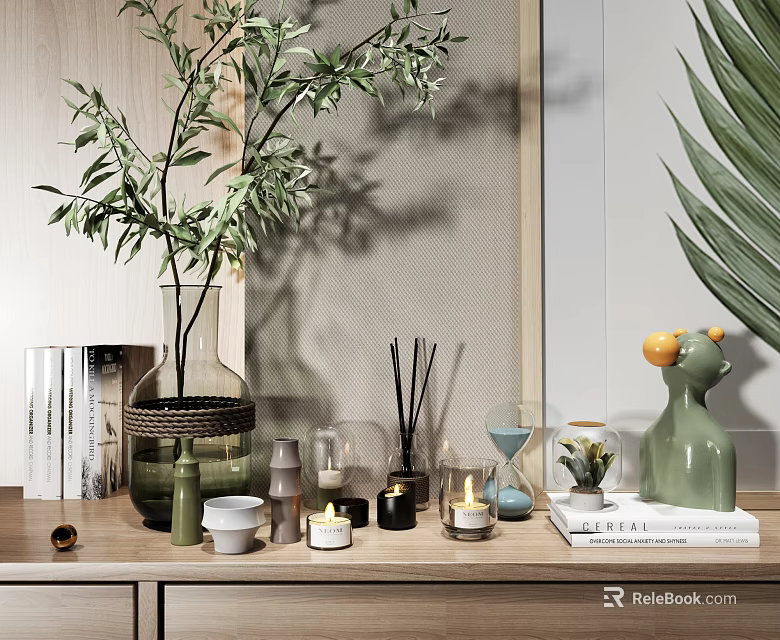 Decorative Ornament Set With Green Leaf Vase Reed Diffusers Hourglass Candles And Small Plants 3d model 