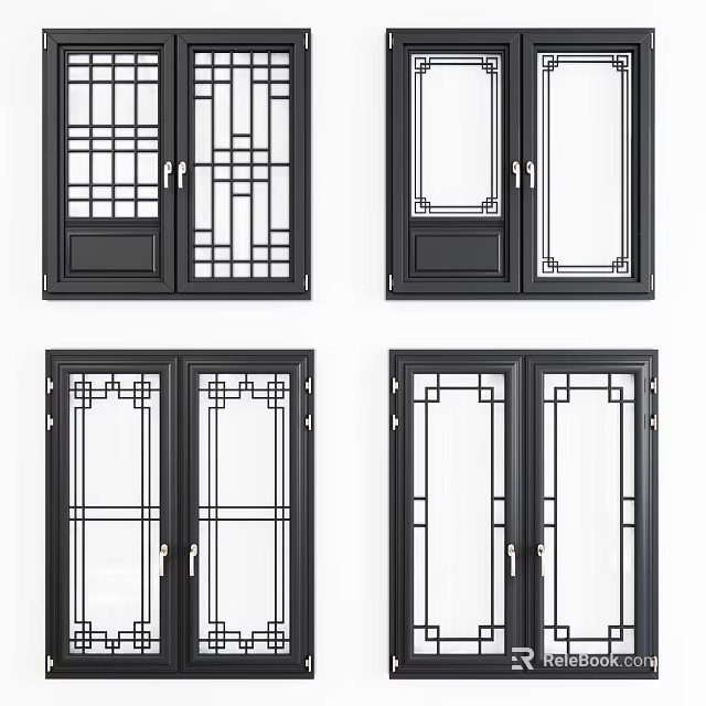 Black Modern Casement Windows with Decorative Traditional Grid Design Frames 3d model